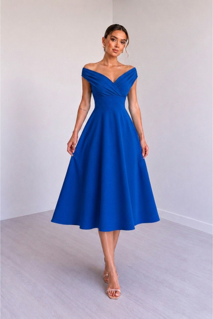 Women's Short Sleeve Double Breasted Collar Crepe Dress - Stylish Midi Length Dress with Flared Skirt for Special Occasions