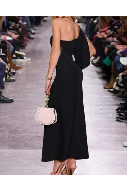 One Shoulder Open Deep Slit Crepe Full Length Dress