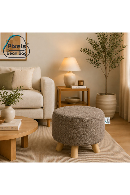 Plexi بين باج Boucle Fabric Round Wide Ottoman Stool, Wooden Bases, for Living Room and Bedroom, Dressing Chair