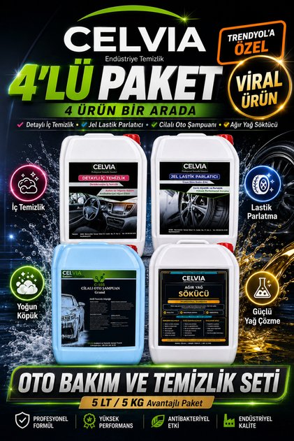 CELVIA 4’lü Oto Bakım ve Temizlik Seti | Detaylı İç Temizlik + Jel Lastik Parlatıcı + Cilalı Oto Şampuanı + Ağır Yağ Söktürücü