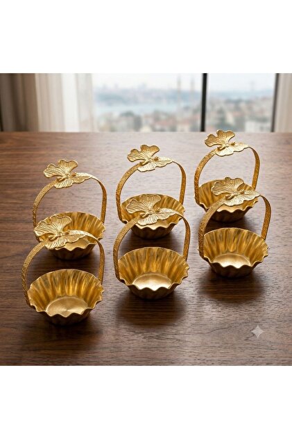 Leila 6'lı Set Gold Metal Tutmalı Dekoratif Lokumluk, Sunumluk