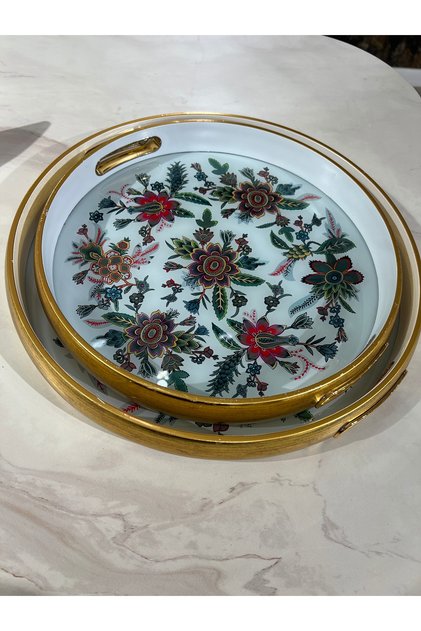 2-Piece Floral Antique Tray with Gold Details, 35 X 40 Cm, Large and Small