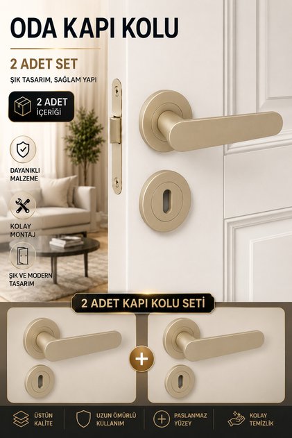 (2 TAKIM SET) Kayı Titanyum Rozetli Oda Kapı Kolu Sağa Sola Uyumlu Kapı Takımı Kolları Modelleri