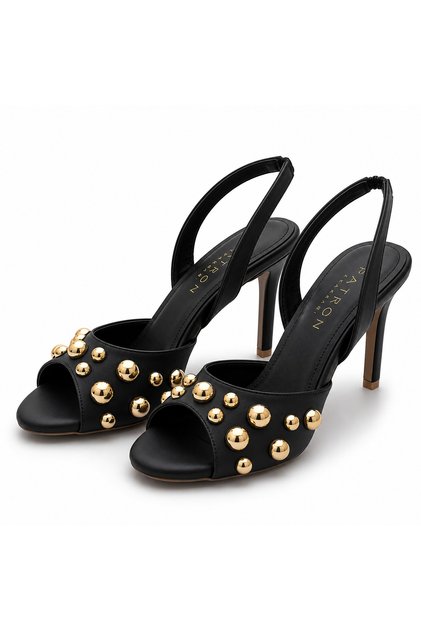 Gold Stone Detailed Thin Heeled Women's Shoes – Stylish Open-Toe Evening Dress and Event Shoes