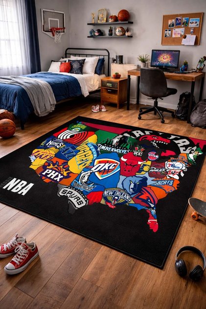 Basketbol NBA Takımları Dijital Baskı Kaymaz Taban Yıkanabilir Modern Genç Odası Spor Halısı NBAGM106