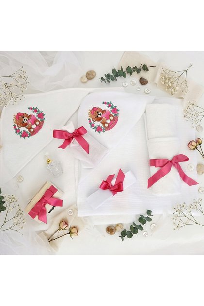 Trusou Botez Fetiță Ursuleț Prințesă Roz – Set Compact 75×75 cm | & Delicat, 100% Bumbac
