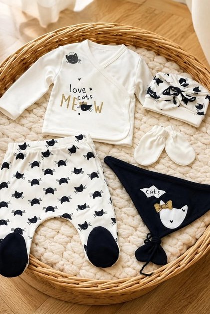 Cat Patterned 5-Piece Baby Girl Hospital Discharge Set