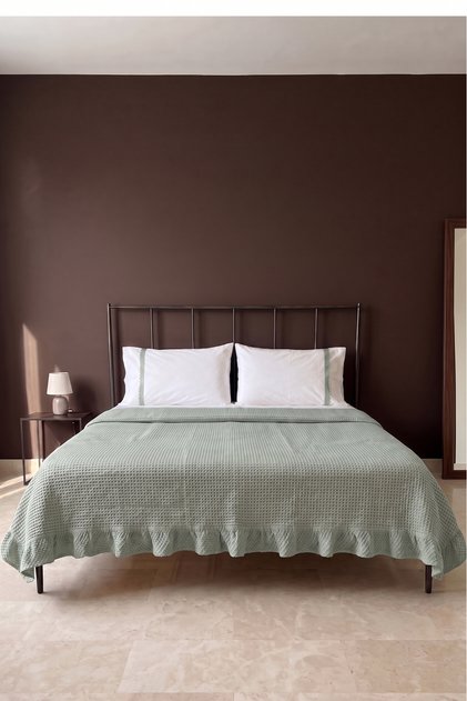 Pique Green Ruffled Double Bed Sheet Set with 100% Cotton Sheets