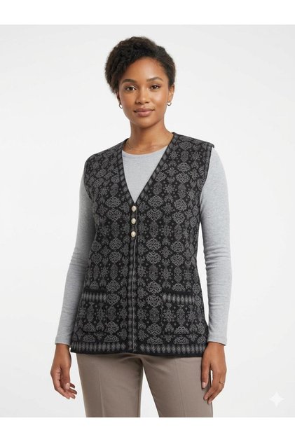 Women's Authentic Patterned Buttoned Knitwear Vest with Pockets Classic Mother's Vest Compatible with Sizes 42-48