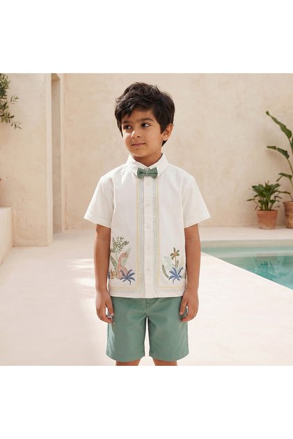 Collared Short Sleeves Shirt and Shorts Set with Embroidery