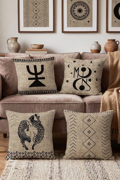 Set of 4 Pillow Covers with Icons and Patterns on Wicker Material
