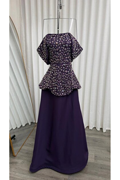 Off Shoulder Purple Embroidered Evening Dress