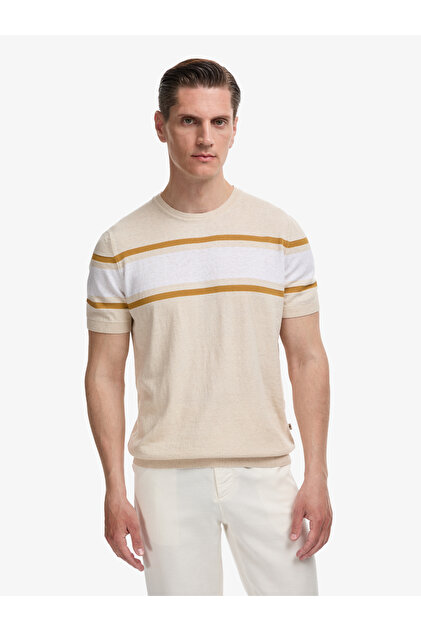 Cacharel Bej Slim Fit Bisiklet Yaka Keten Karışımlı Triko T-shirt