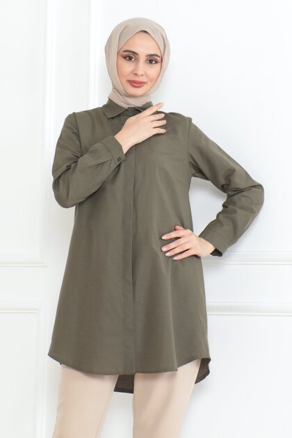 Women's Long Basic Khaki Polo Collar Hijab Shirt Dress