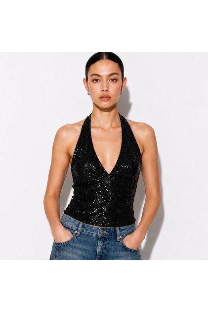 Kadın Siyah Pul Payet Halter Yaka Gece Bluzu Parti Şık Top