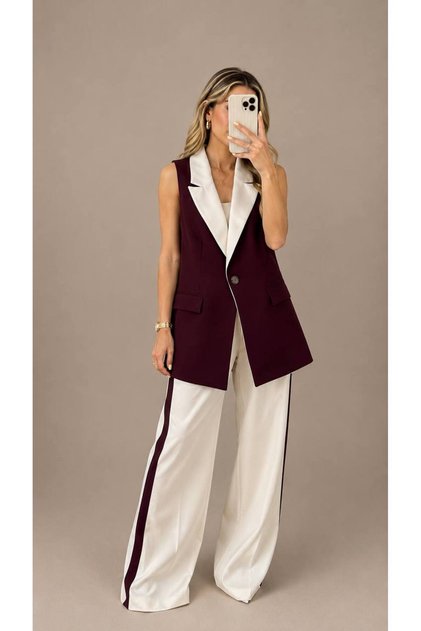 Women's Garnished Vest Palazzo Pants Suit Long Vest Suitable for Tesettür