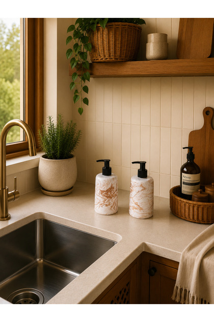 Decorative 2-Piece Marble Pattern Kitchen Set Liquid Soap Dispenser and Detergent Dispenser Set, Hand Soap Dispenser and Dish Soap Dispenser Set