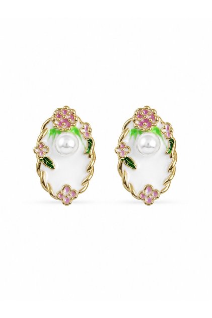 Brass White Enamel Pearl Detailed Artistic Portrait Model Gold Color Women's Earrings