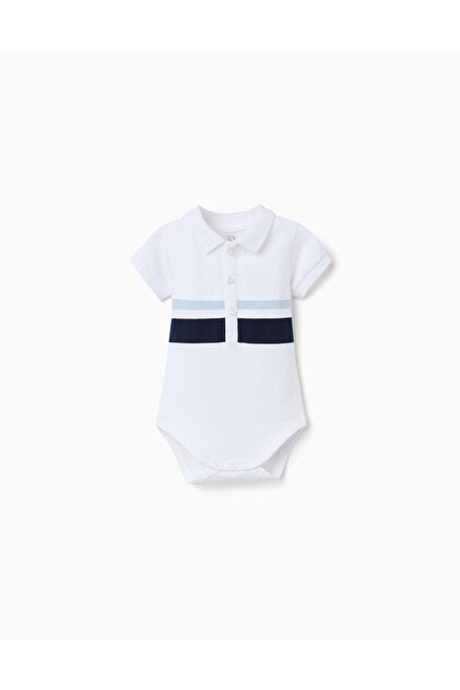 Cotton polo bodysuit with stripes for newborn boys, white/blue