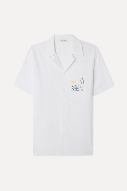 Men's White Embroidered Regular Fit Resort Collar Short Sleeve Shirt