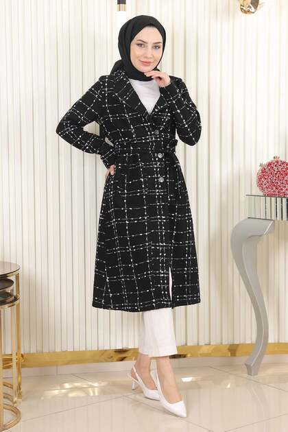Belt Detailed Buttoned Cuff Coat Black 19176