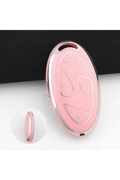 Hyundai Compatible Tucson, Ioniq, Kona, Elantra Silver Edge Tpu Key Case Cover 7-Key Model (Pink)