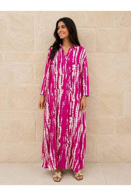 Women's Patterned Long Sleeve Viscose Fabric 3-Button Dress 40-46