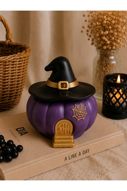 Cadı Şapkalı Kabak Dekoratif Saklama Kutusu | Beton El Yapımı Halloween Mumluk & Şekerlik