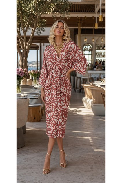 70% Viscose 30% Silk Front V-Neck Wide Half Sleeve Slit Women's Summer Dress