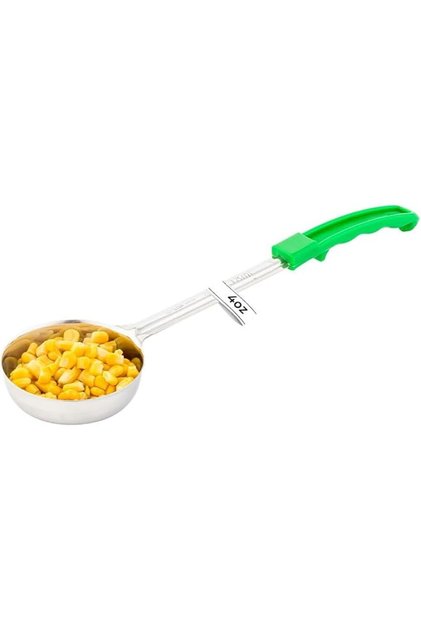 Met Lux 4 Ounce Portion Ladle, 1 Perforated Portion Serving Spoon - Green Handle, Dishwashable, Stainless Steel Slotted Serving Utensil, Multipurpose, For Serving Pasta