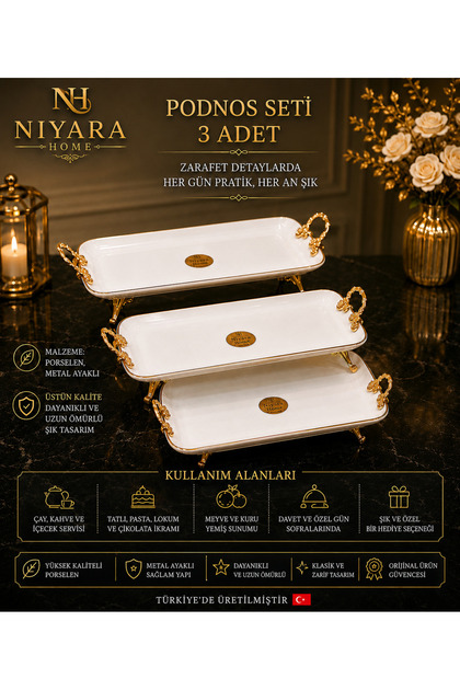 Niyara - Home-•- Podnos Seti̇ 3 Pieces Elegance in the Details Practical for Every Day, Stylish for Any Moment