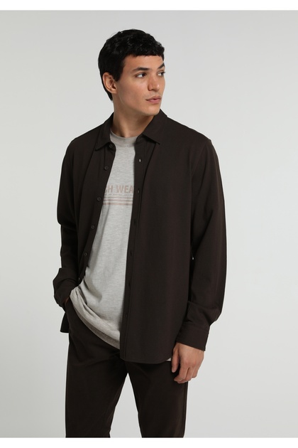 Regular Fit Shirt Neck Plain Men's Brown Long Sleeve Shirt
