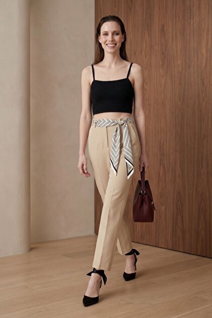 My Fashion Belted High Waist Straight Leg Crepe Trousers