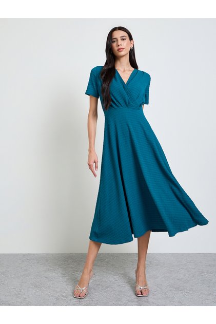 Teal Textured V Neck A-Line Midi Dress
