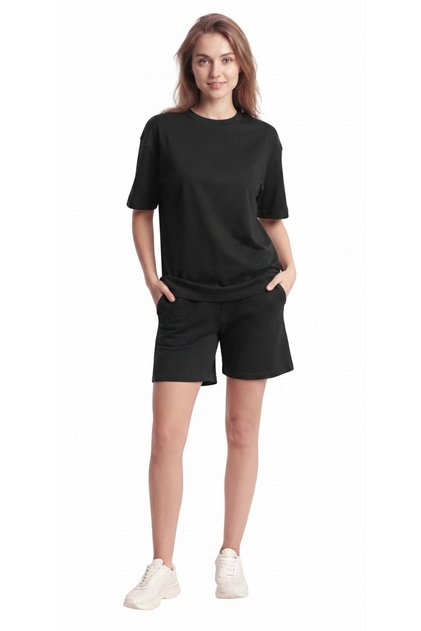 Women's Black Short Sleeve T-Shirt Shorts Set Casual Fit Summer Wear