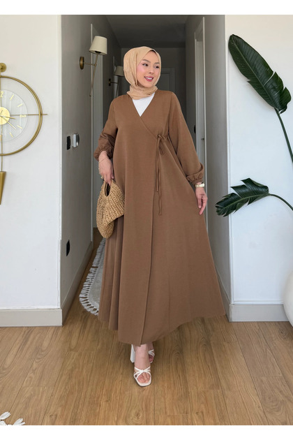 Anvelop Yan Bağlamalı Keten Kimono Elbise