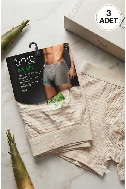 3 Adet Erkek Bambu Boxer - Özel Dokulu, Nefes Alan, Tek Yönlü Nem Emici -Ten Renk