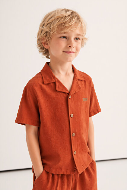 Gots Certified 100% Cotton Muslin Boys Short Sleeve Shirt Shorts Set