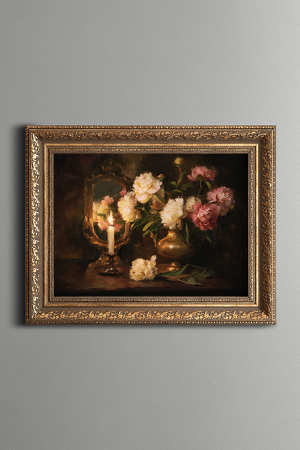 Peony Still Life by Candlelight - Vintage Patterned Painting - Thick Model