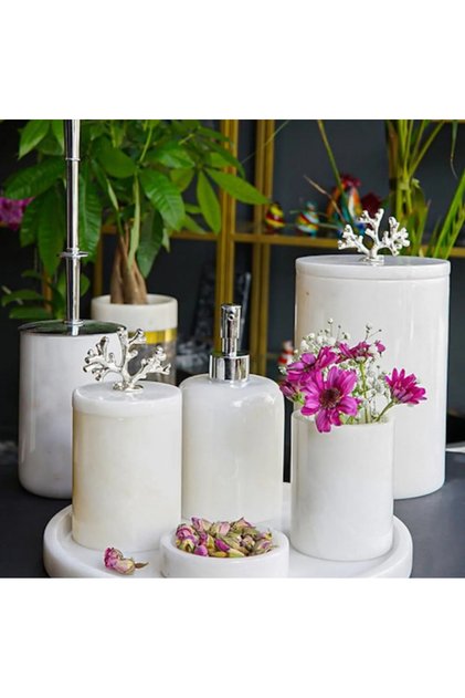 7 Piece Real Marble Coral Bathroom Set White Silver