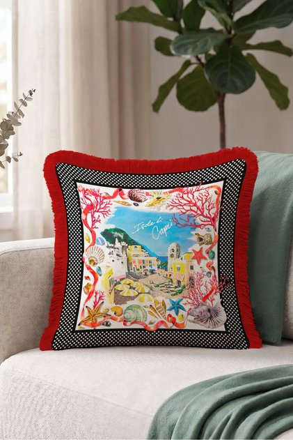 Sea-Themed Coral Patterned Fringed Pillowcase - Mediterranean Red Burgundy Tasseled Throw Pillow Cover
