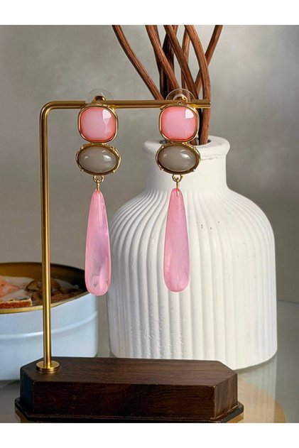 Women's Stainless Steel Gold Color Pink Stone Long Hanging Earrings