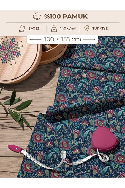 100% Cotton Satin Fabric 100X155 cm Navy Blue Fuchsia Floral Patterned Decorative Patchwork Fabric