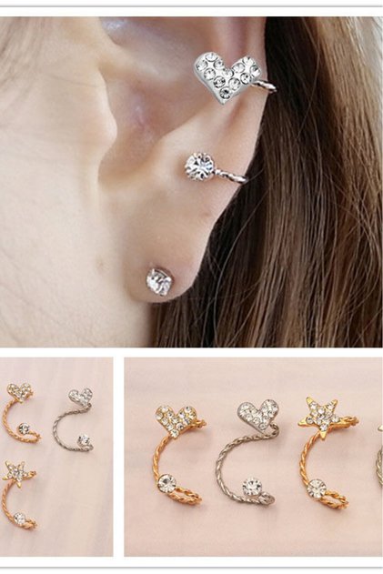 Cercel ear cuff, fir rasucit cu cristale si inimioara