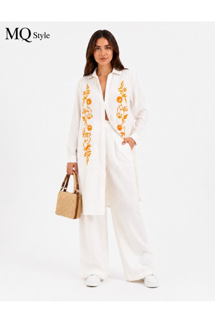 Linen Set, 2 Pieces, Long Cardigan, Embroidered, Wide Leg Pants, Modest Wear. Made in Turkey. Orange Rose Embroidered Long Cardigan with Comfortable Wide Leg Pants. 100% Linen