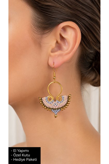 Handmade Macrame Bohemian Women's Earrings with Gold Detail and Bead Embroidery, Stylish Design