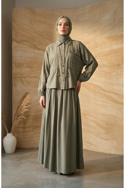 Waist-Tied Buttoned Tunic Skirt Double Set 0318-03 Khaki