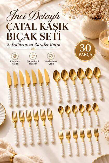 30 Parça Plastik İnci Taşlı Gold Çatal Kaşık Bıçak Seti Paslanmaz Çelik Sofra Takımı