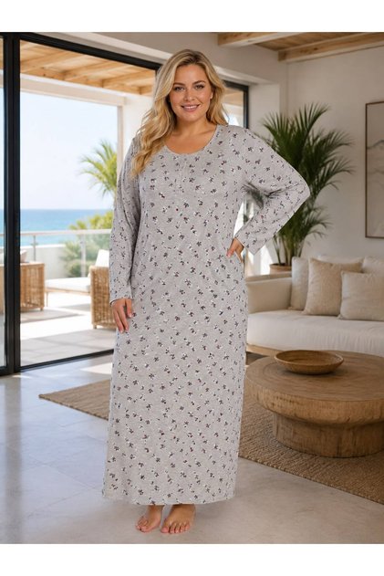 Women's Long Sleeve Floral Pattern Plus Size 100% Cotton Ankle Length Nightgown
