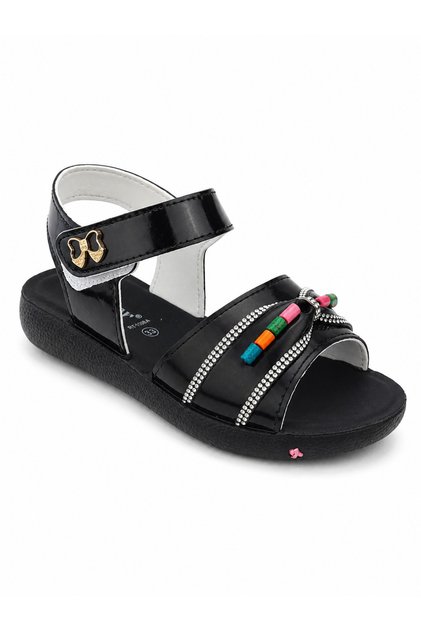 Girl's Black Stone Bead Detailed Velcro Daily Sandals
